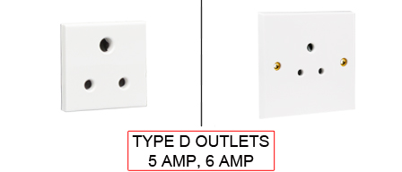 TYPE D Outlets are used in the following Countries:
<br>
Primary Country known for using TYPE D outlets is Afghanistan, India, South Africa.

<br>Additional Countries that use TYPE D outlets are 
Bangladesh, Botswana, Lesotho, Mozambique, Namibia, Nepal, Pakistan, Sri Lanka, Sudan, Swaziland.

<br><font color="yellow">*</font> Additional Type D Electrical Devices:

<br><font color="yellow">*</font> <a href="https://internationalconfig.com/icc6.asp?item=TYPE-D-PLUGS" style="text-decoration: none">Type D Plugs</a> 

<br><font color="yellow">*</font> <a href="https://internationalconfig.com/icc6.asp?item=TYPE-D-CONNECTORS" style="text-decoration: none">Type D Connectors</a> 

<br><font color="yellow">*</font> <a href="https://internationalconfig.com/icc6.asp?item=TYPE-D-POWER-CORDS" style="text-decoration: none">Type D Power Cords</a> 

<br><font color="yellow">*</font> <a href="https://internationalconfig.com/icc6.asp?item=TYPE-D-POWER-STRIPS" style="text-decoration: none">Type D Power Strips</a>

<br><font color="yellow">*</font> <a href="https://internationalconfig.com/icc6.asp?item=TYPE-D-ADAPTERS" style="text-decoration: none">Type D Adapters</a>

<br><font color="yellow">*</font> <a href="https://internationalconfig.com/worldwide-electrical-devices-selector-and-electrical-configuration-chart.asp" style="text-decoration: none">Worldwide Selector. All Countries by TYPE.</a>

<br>View examples of TYPE D outlets below.
